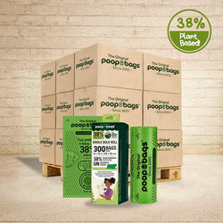 The Original Poop Bags wholesale pallet with 300-count single bulk roll packaging and green branded bag roll on display.