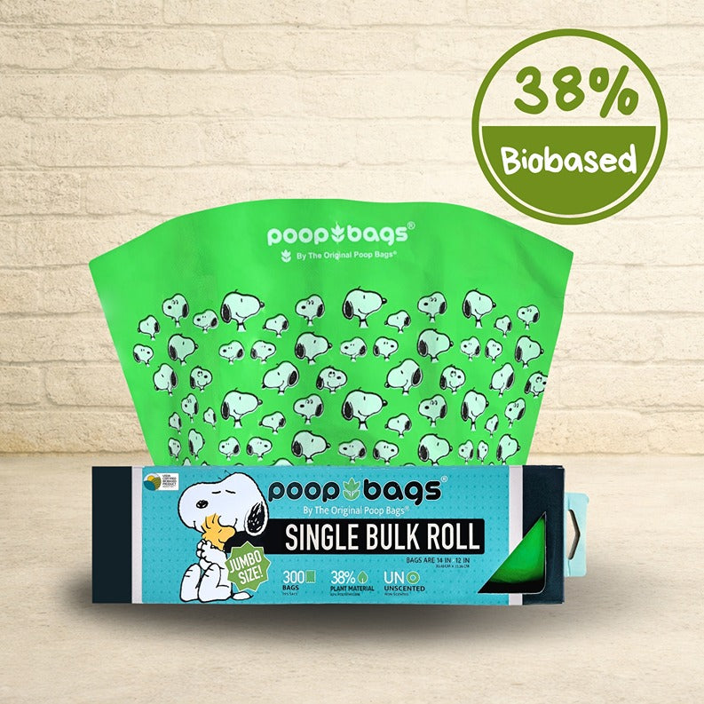 The Original Poop Bags Peanuts Snoopy jumbo single bulk roll of 300 unscented 38% biobased dog poop bags in its box.