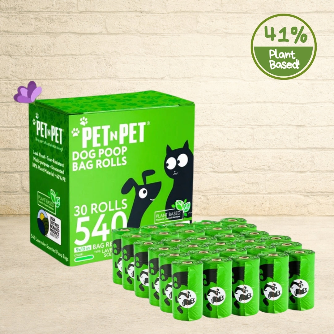 PET N PET 41% plant-based lavender scented 540-count 30-roll dog poop bag green box with rolls arranged in front.