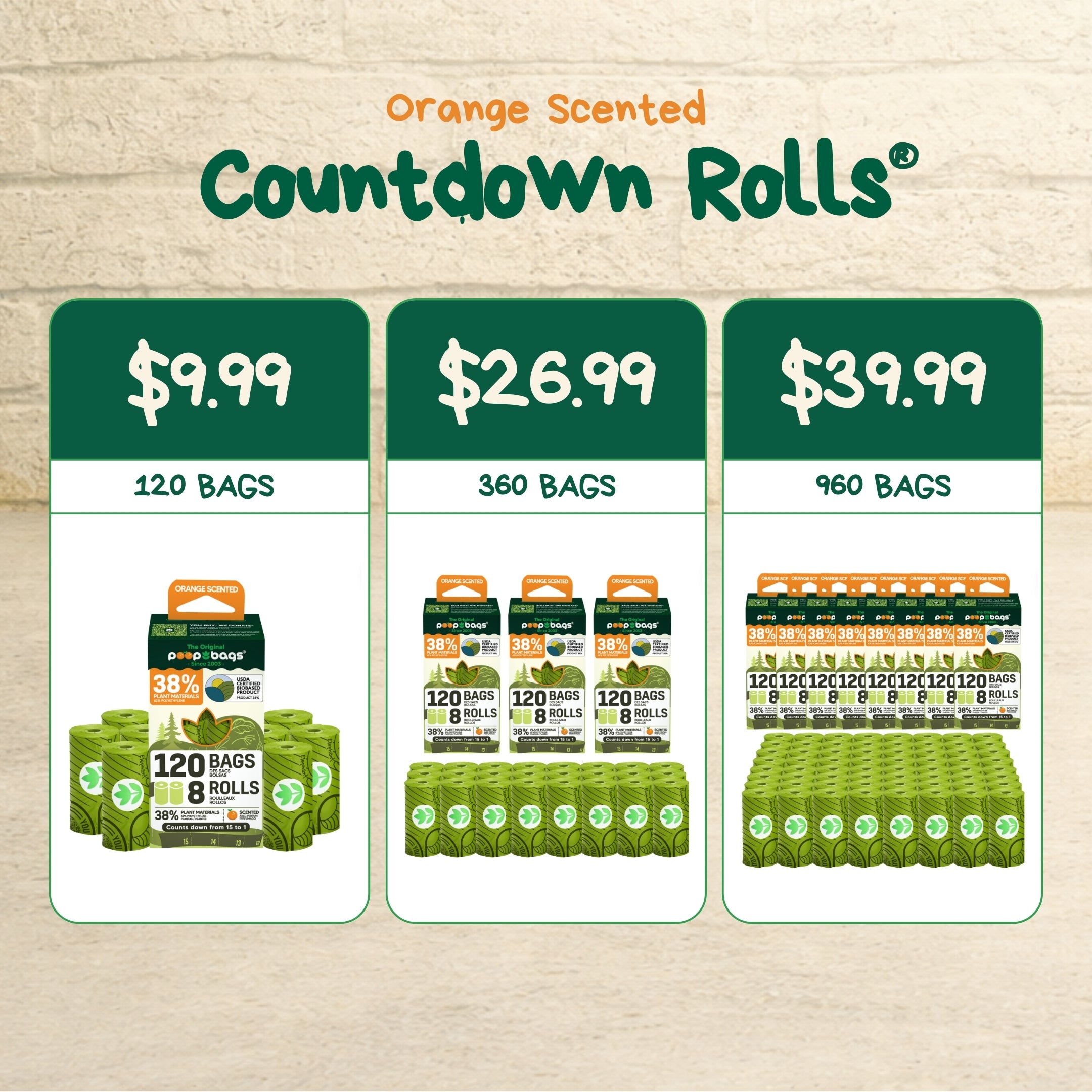 Pricing chart for The Original Poop Bags orange-scented countdown rolls showing 120, 360, and 960 bag bundle options with green rolls.