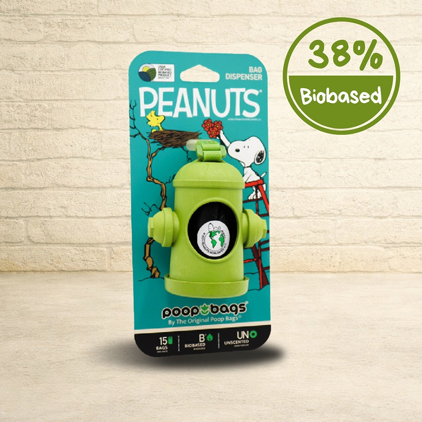Peanuts Snoopy green fire hydrant dog poop bag dispenser holding a 15-count roll of 38% biobased unscented bags.