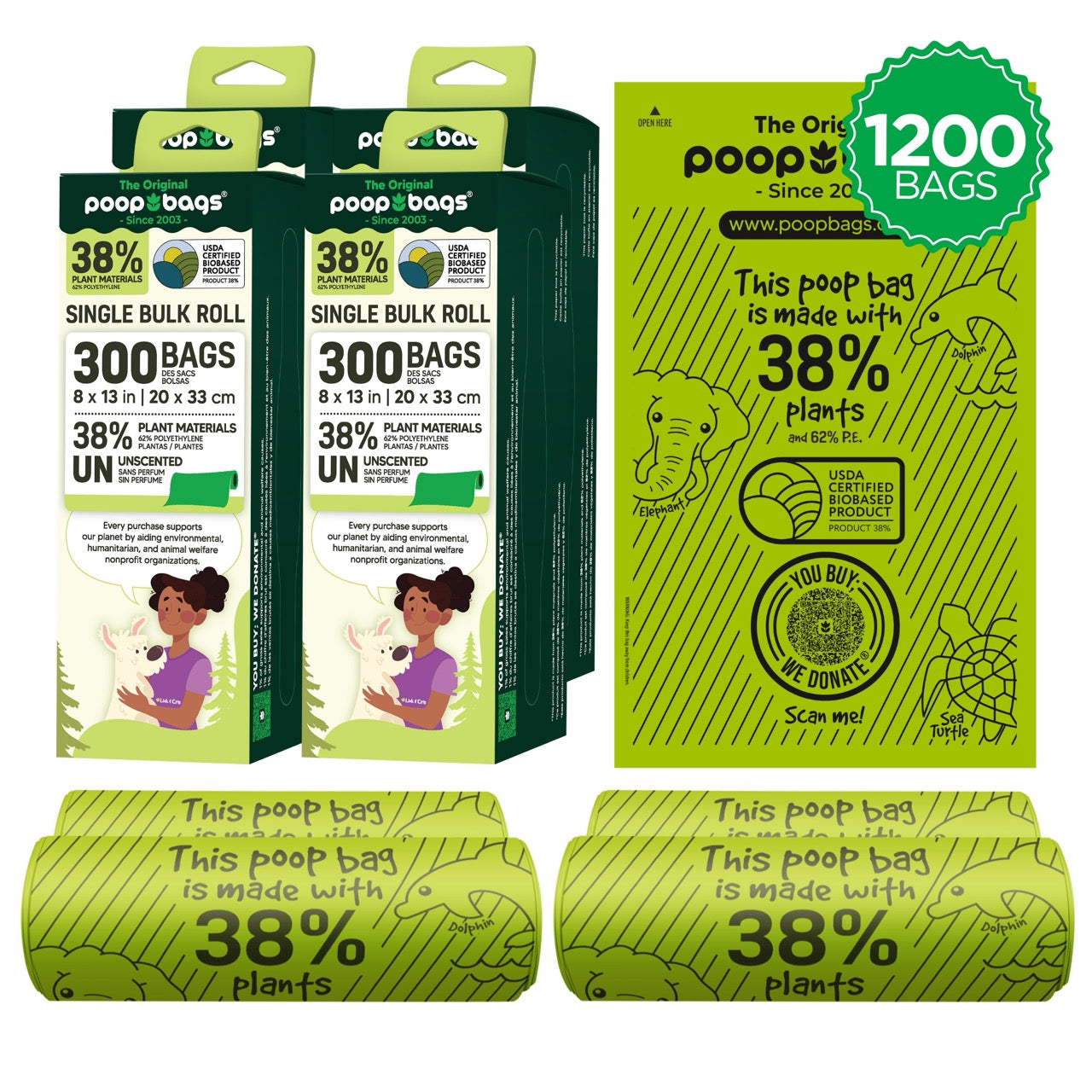 Four single bulk roll boxes of 38% plant-based unscented dog poop bags totaling 1200 bags.