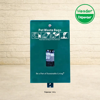 Poop bags dog station kit dispenser in teal with instructional icons and sustainable living messaging for disposing pet waste outdoors.