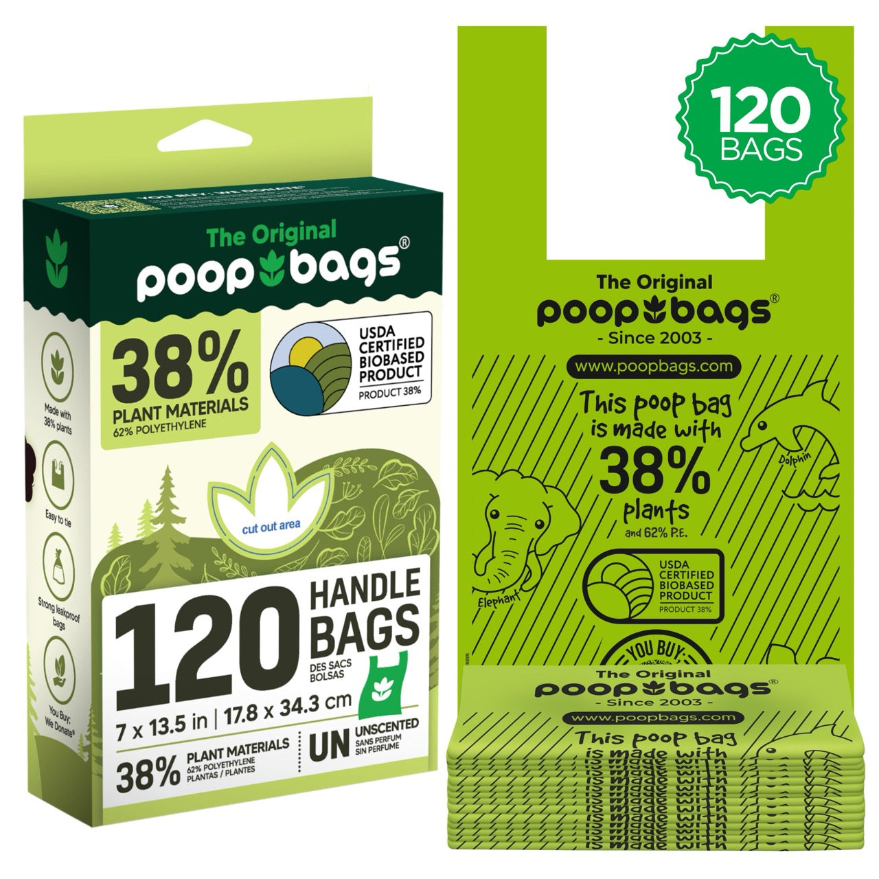 Box of 120 unscented handle tie dog poop bags made with 38% plant materials.