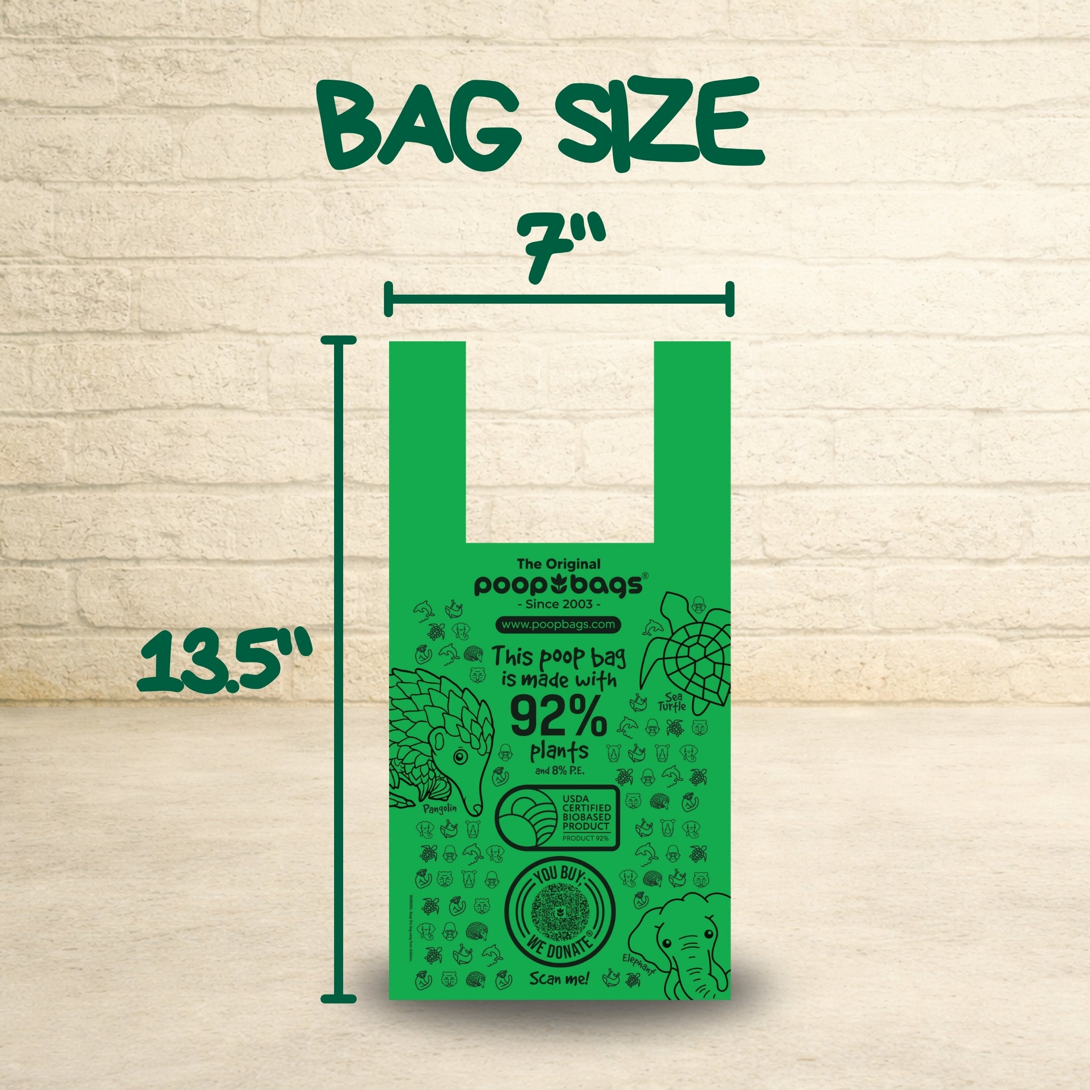 The Original Poop Bags 92 percent plant-based handle bag measuring 7 by 13.5 inches with USDA biobased certification.