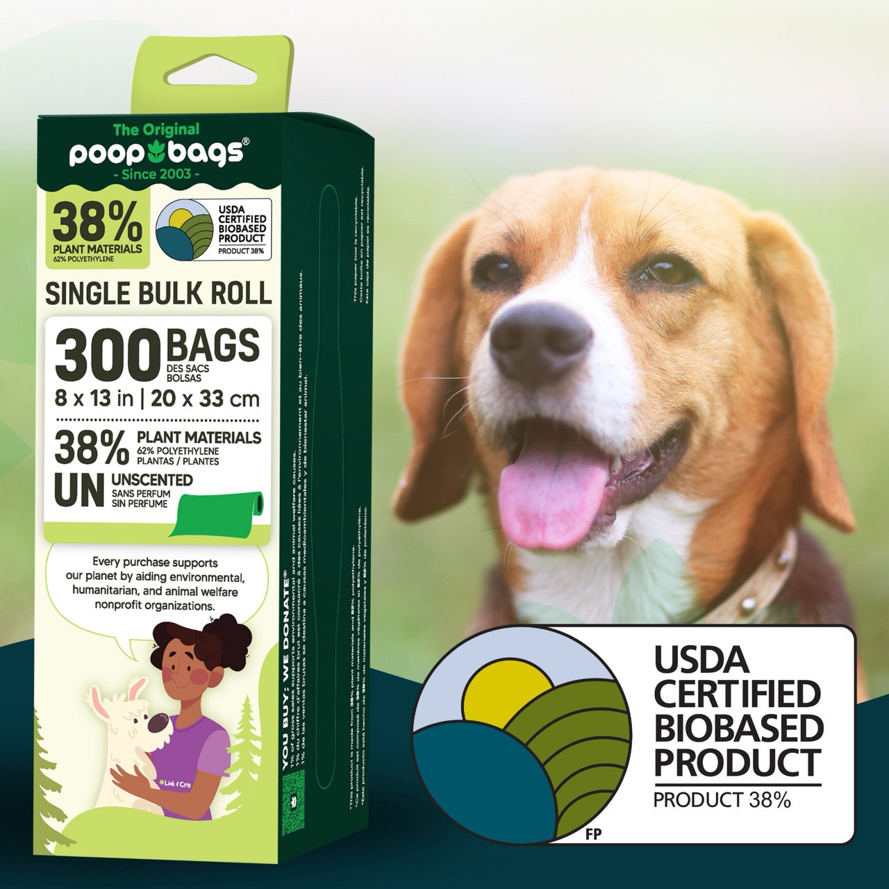 Smiling beagle next to a Single Bulk Roll box of 300 unscented dog poop bag rolls made with 38% plant materials.