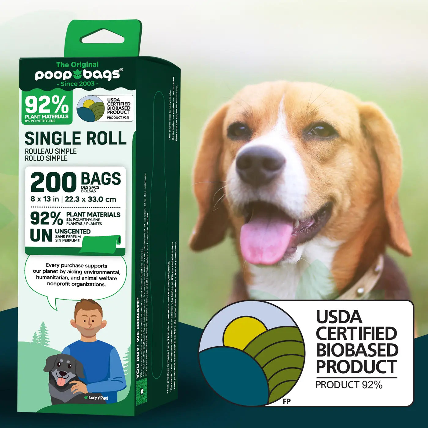Green packaging of eco dog poop bags displayed beside a smiling beagle, highlighting 92 percent plant-based materials and biobased certification.