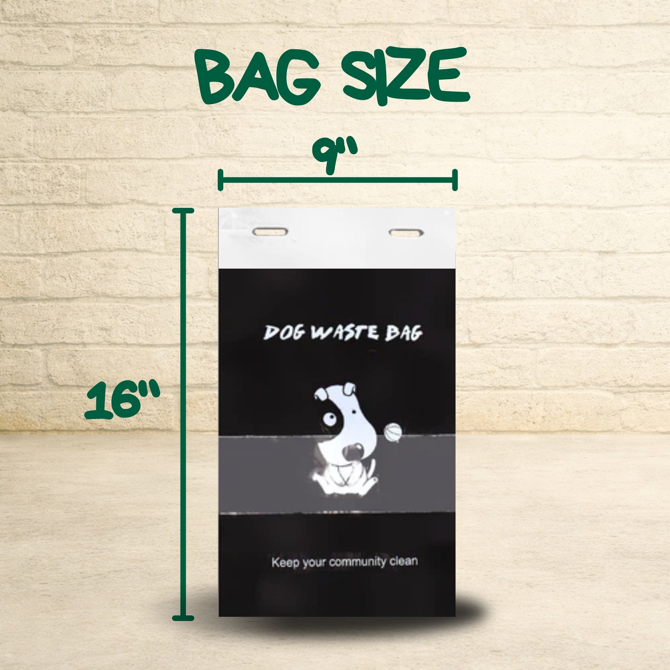 Eco friendly dog poop bags measuring 9 inches wide by 16 inches tall, featuring durable design for clean pet waste disposal