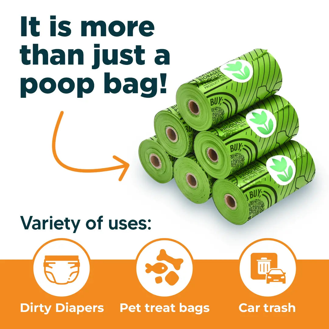 Stack of green biobased poop bag rolls shown with alternate uses: diapers, treat bags, car trash.