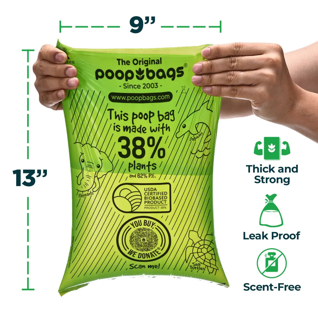 Hands stretching a 9 by 13 inch heavy duty dog poop bag made with 38% plants, shown as thick, leak-proof, and scent-free.