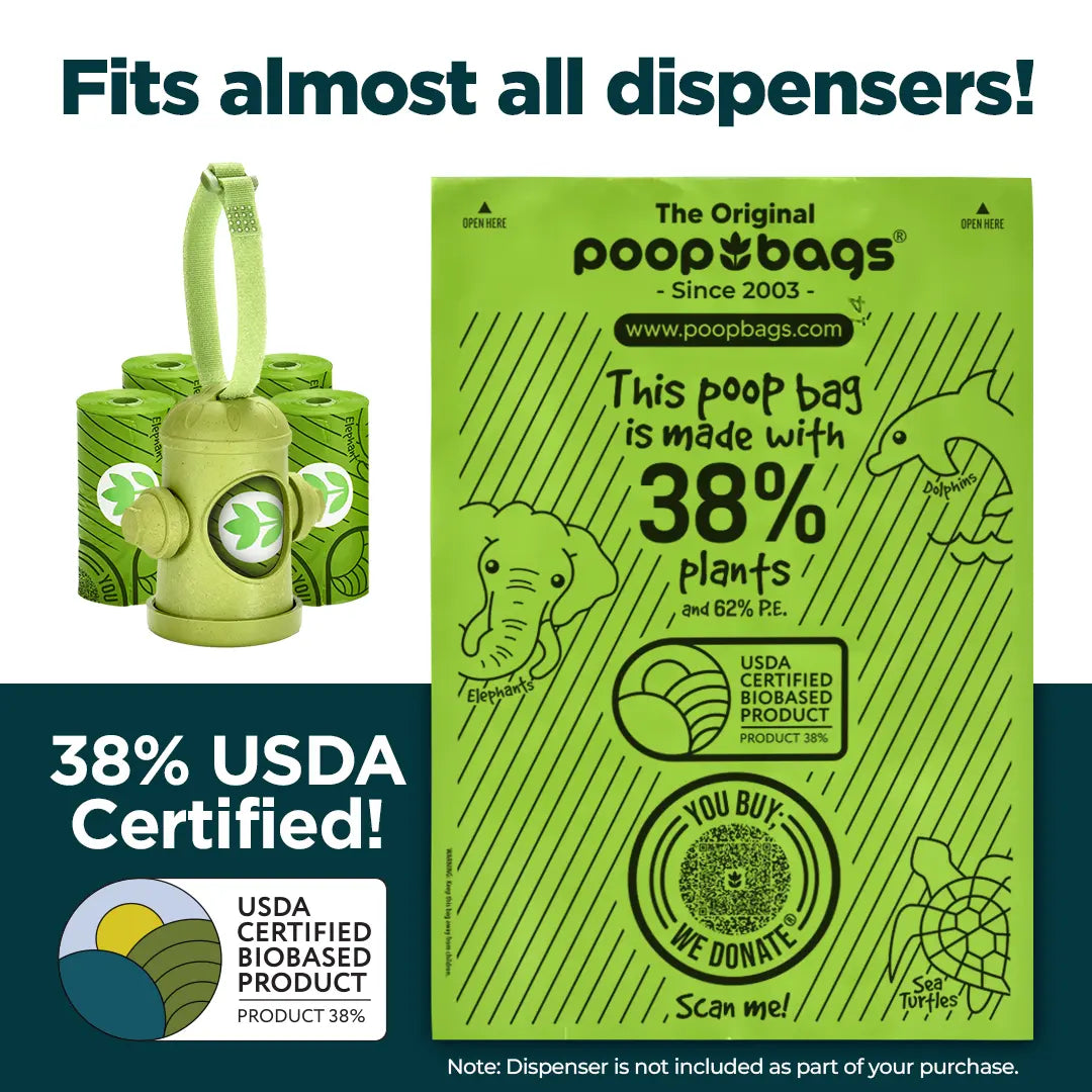 Green dog poop bag holder with refill rolls next to a 38% plant-based, USDA Certified Biobased bag printed with endangered animals.