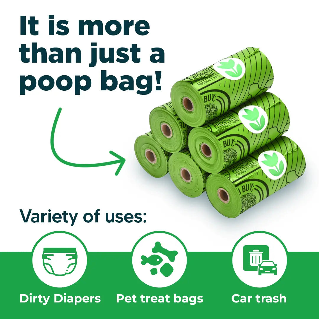 Green biodegradable poop bags on rolls with eco-friendly logos, showing versatile uses for pet waste and trash