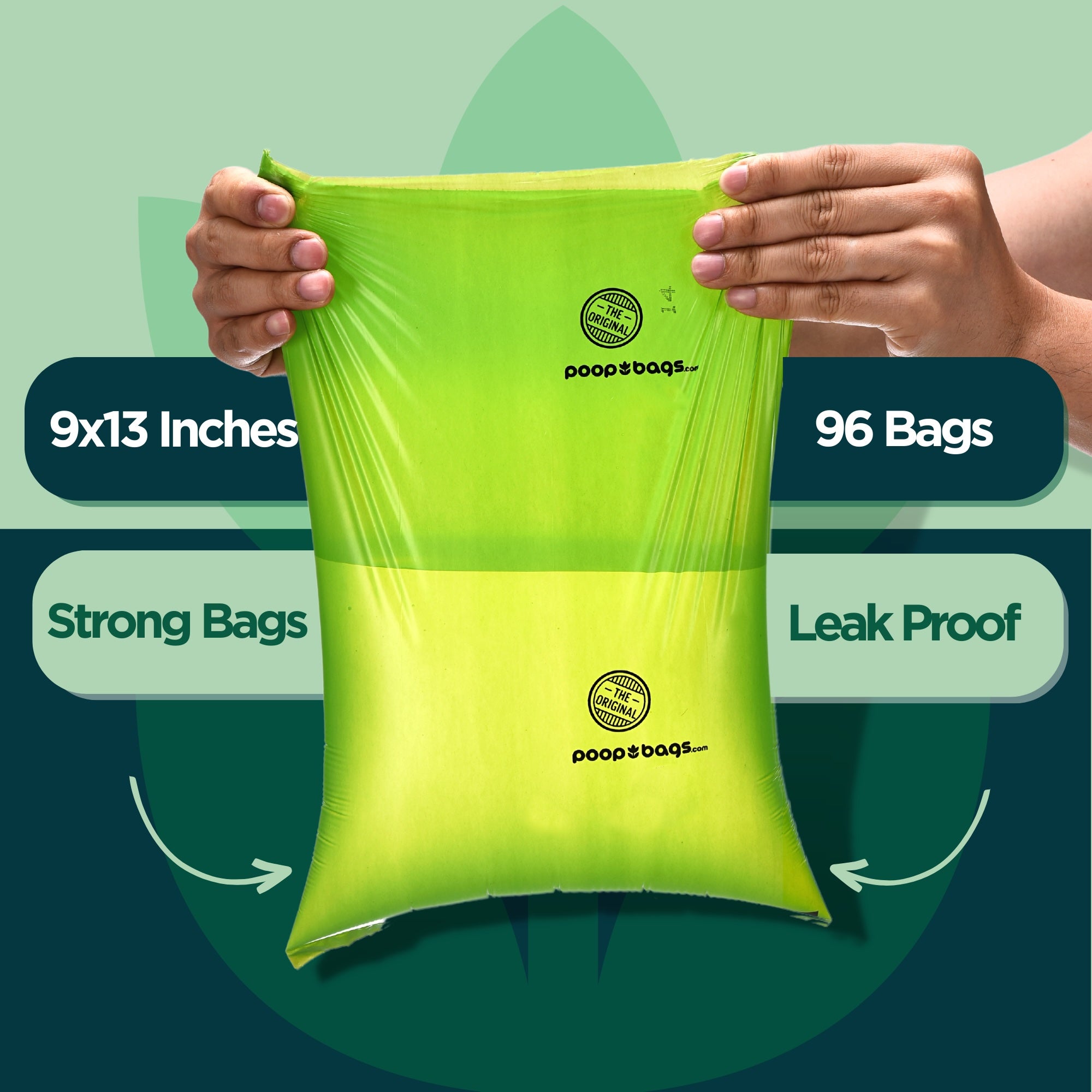 Hands stretching a strong 9 by 13 inch green dog poop bag from a 96-count pack, shown as leak-proof and durable.