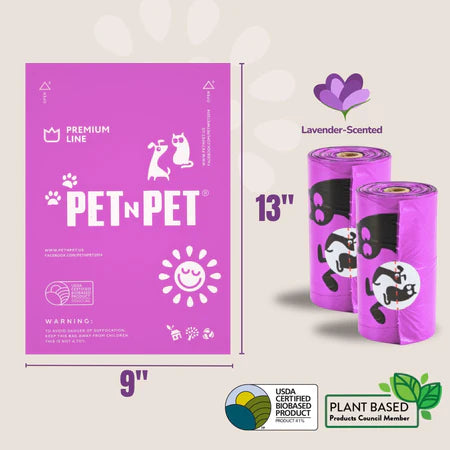 PET N PET lavender-scented dog poop bags in purple rolls with plant-based certification and 9 by 13 inch dimensions.