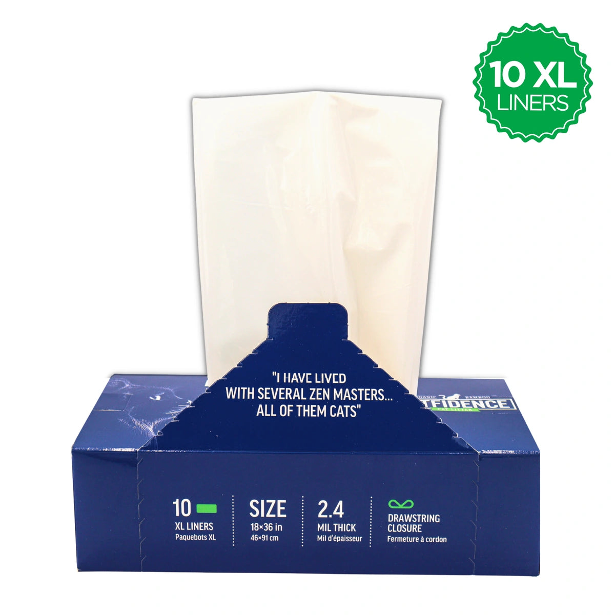 Cat pan liners in an XL-size box, containing 10 liners measuring 18x36 inches, with a drawstring closure for litter box cleanup.