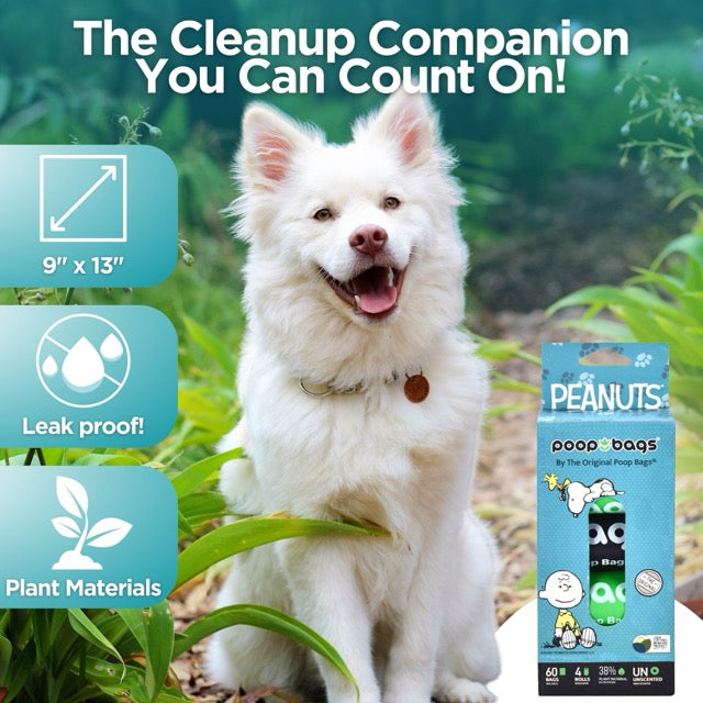 Smiling white dog beside Peanuts Snoopy poop bag pack with 9x13 leak-proof plant-based features.