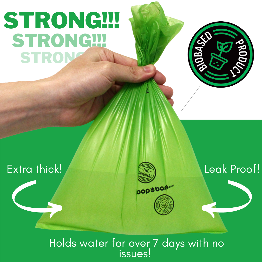 Hand holding a filled green Original Poop Bag, labeled extra thick, leak proof, biobased.