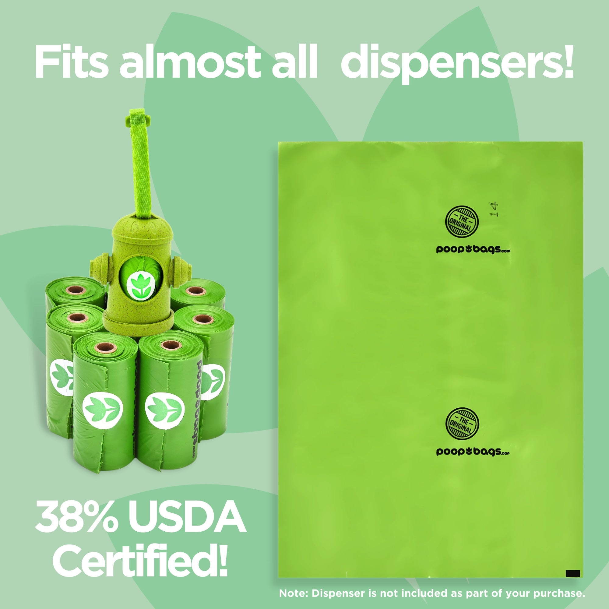 Green fire-hydrant dog poop bag dispenser surrounded by refill rolls beside a large plant-based bag, noted to fit almost all dispensers.
