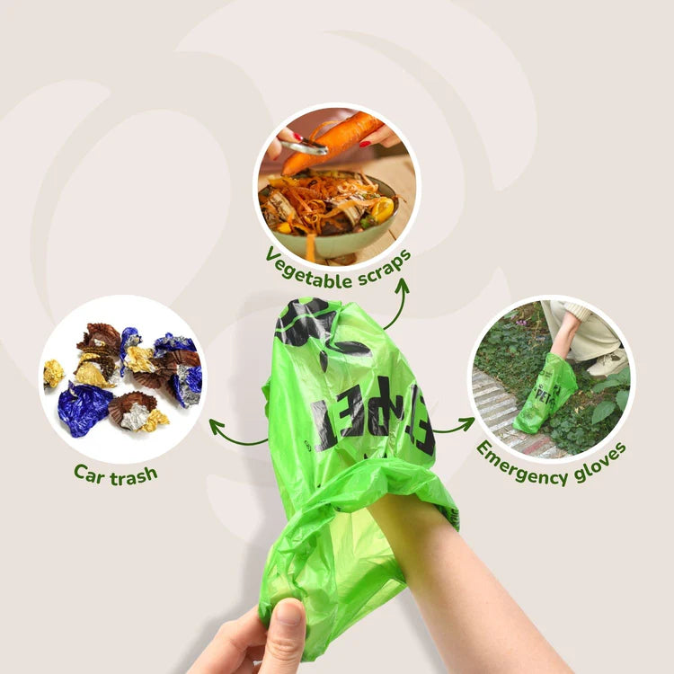Pet n Pet dog poop bags shown in hand with multiple reuse icons displaying vegetable scraps, car trash, and emergency gloves applications.
