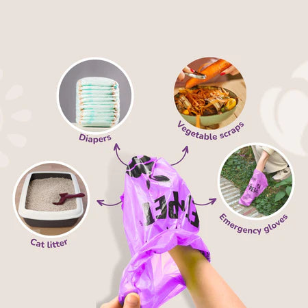 Hand wearing a purple PET N PET pet waste bag as a glove with icons showing uses for diapers, vegetable scraps, cat litter, and emergency cleanup.