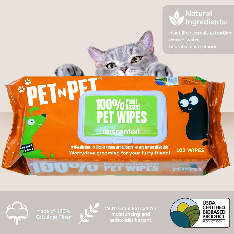 Pet n Pet 100% plant-based pet wipes packaging with a cat peeking out.