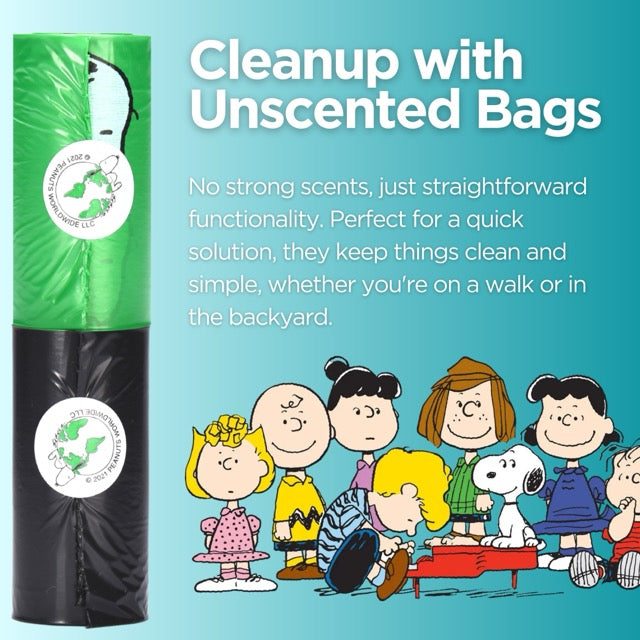 Cleanup with Unscented Bags: green and black Snoopy leash poop bag rolls beside Peanuts characters.