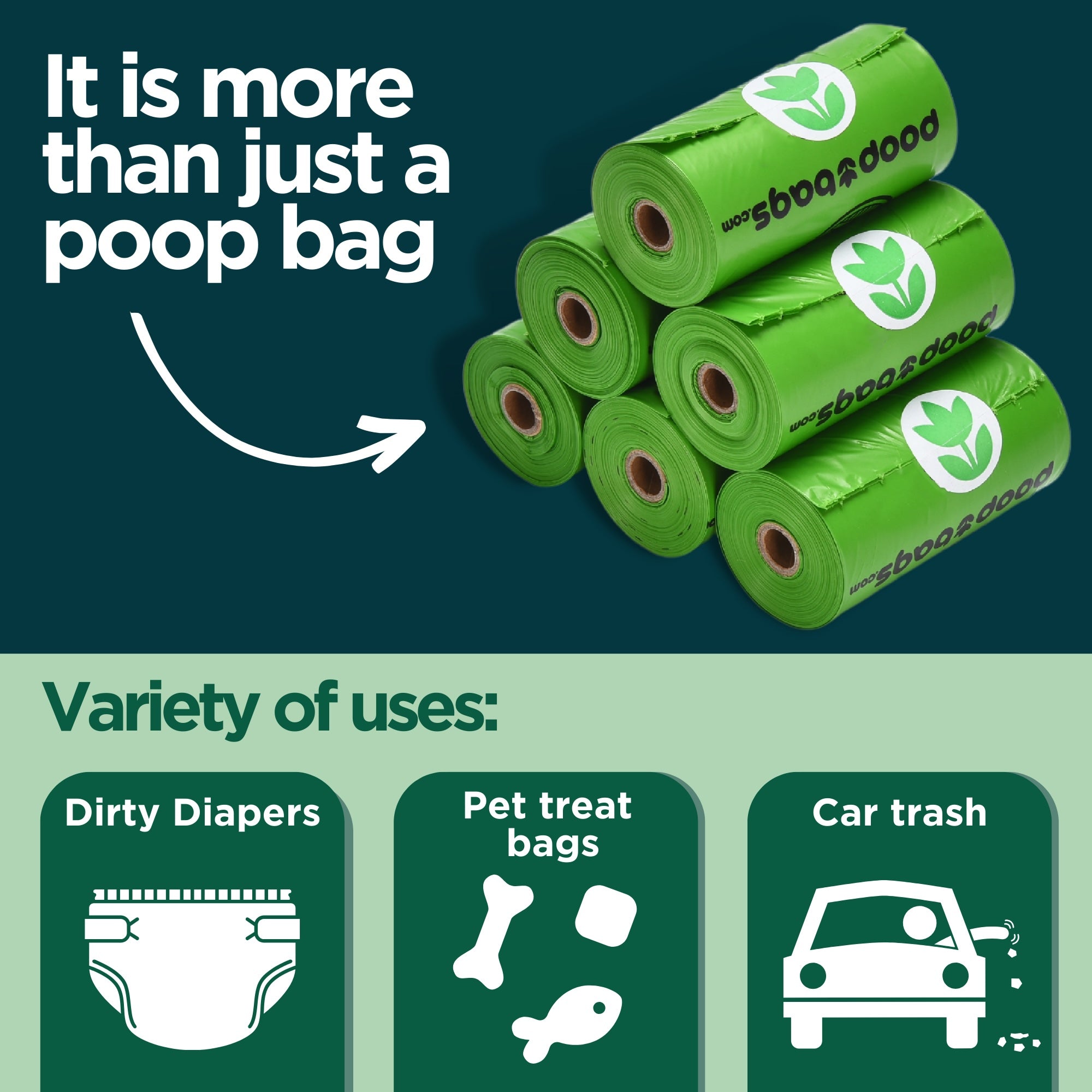 Stacked green poop bag rolls with infographic listing uses: dirty diapers, pet treat bags, car trash.