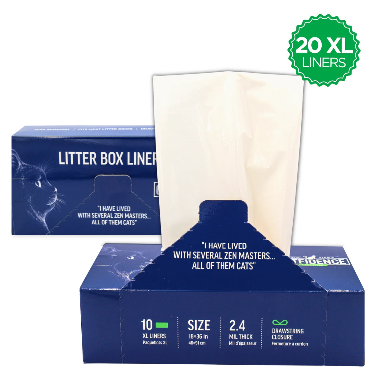 Cat litter box liners in a 20 XL pack with a drawstring closure, 18x36 inch size, and 2.4 mil thickness for easy litter box cleanup.