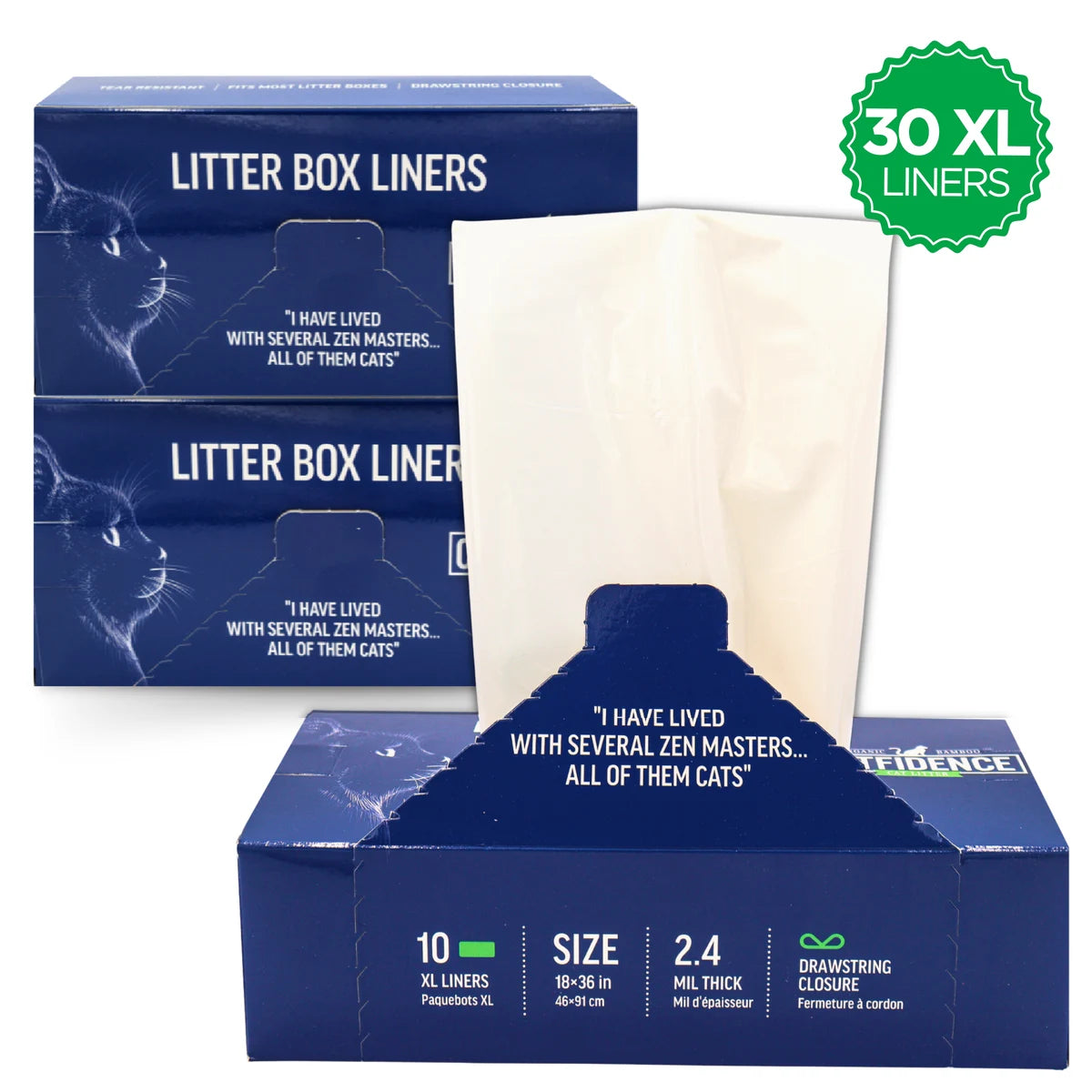 Cat box liners in 30 XL pack with drawstring closure, 18x36 inch size, 2.4 mil thickness for litter box maintenance and cleanup.
