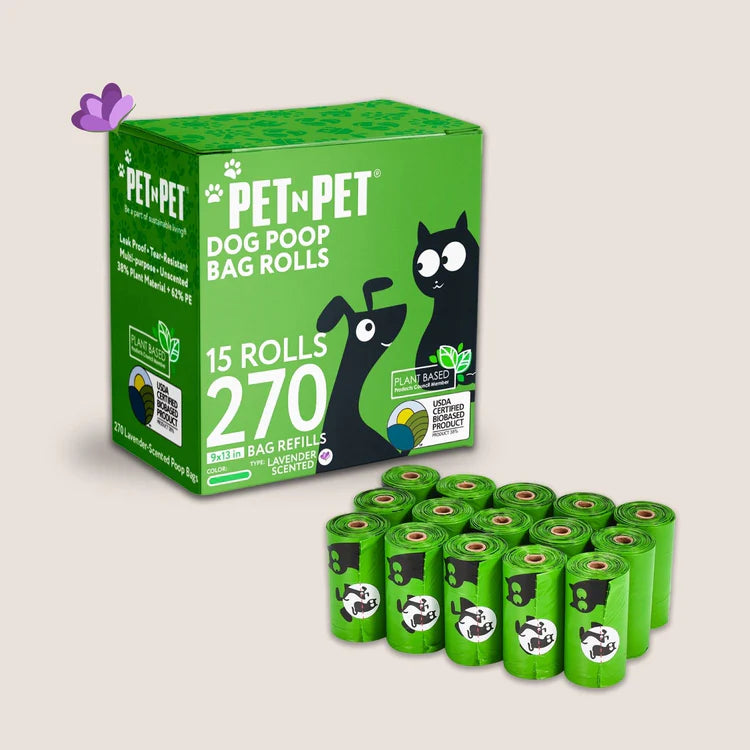 Compostable dog poop bag rolls in eco-friendly green packaging containing 15 rolls with 270 lavender-scented bags, displayed with matching bright green roll refills.