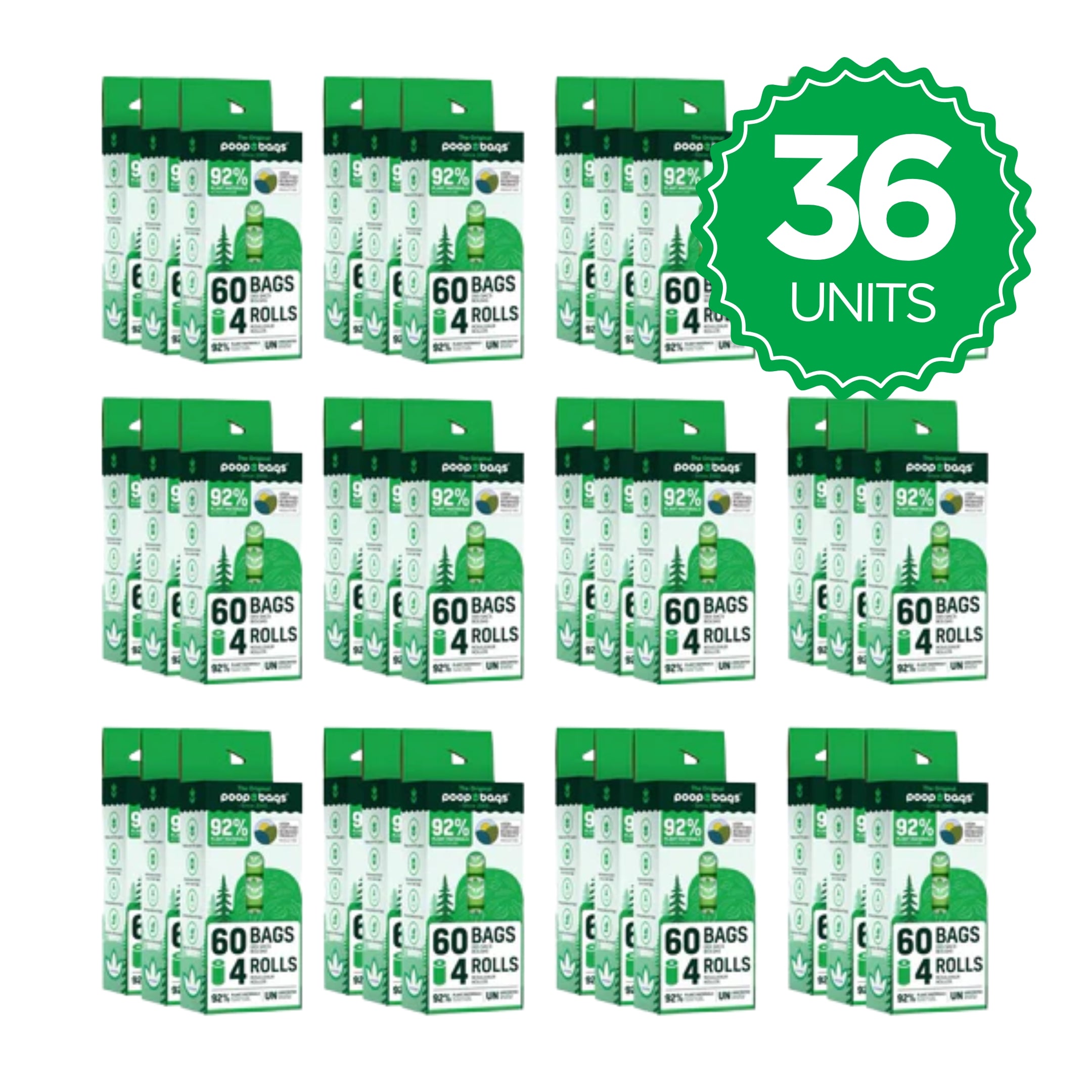 Wholesale dog poop bags bulk pack showing 36 units of eco-friendly dog waste bags in green retail boxes