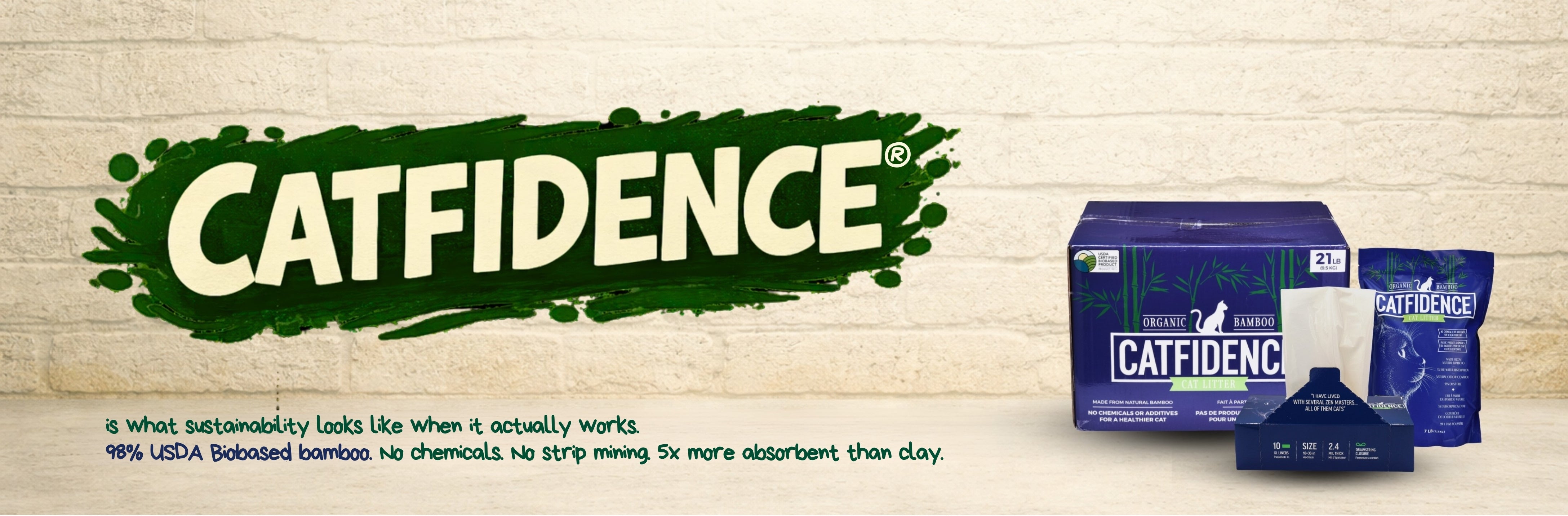 Catfidence bamboo cat litter packaging with green logo and text about sustainable, chemical-free bamboo