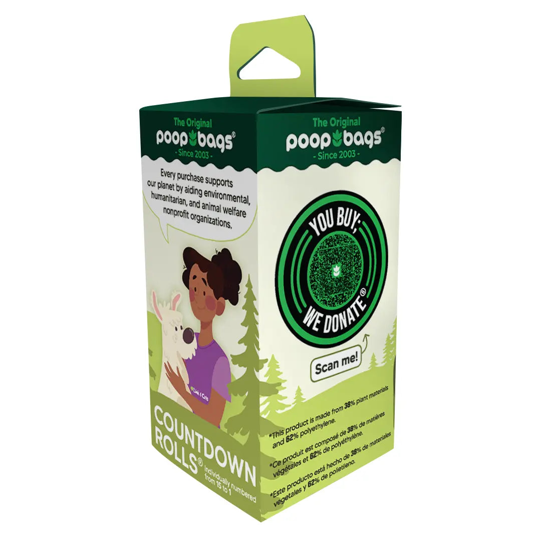 Single box of Countdown Rolls dog poop bag rolls illustrated with a girl hugging her white dog, made with 38% plant materials and individually numbered 15 to 1.