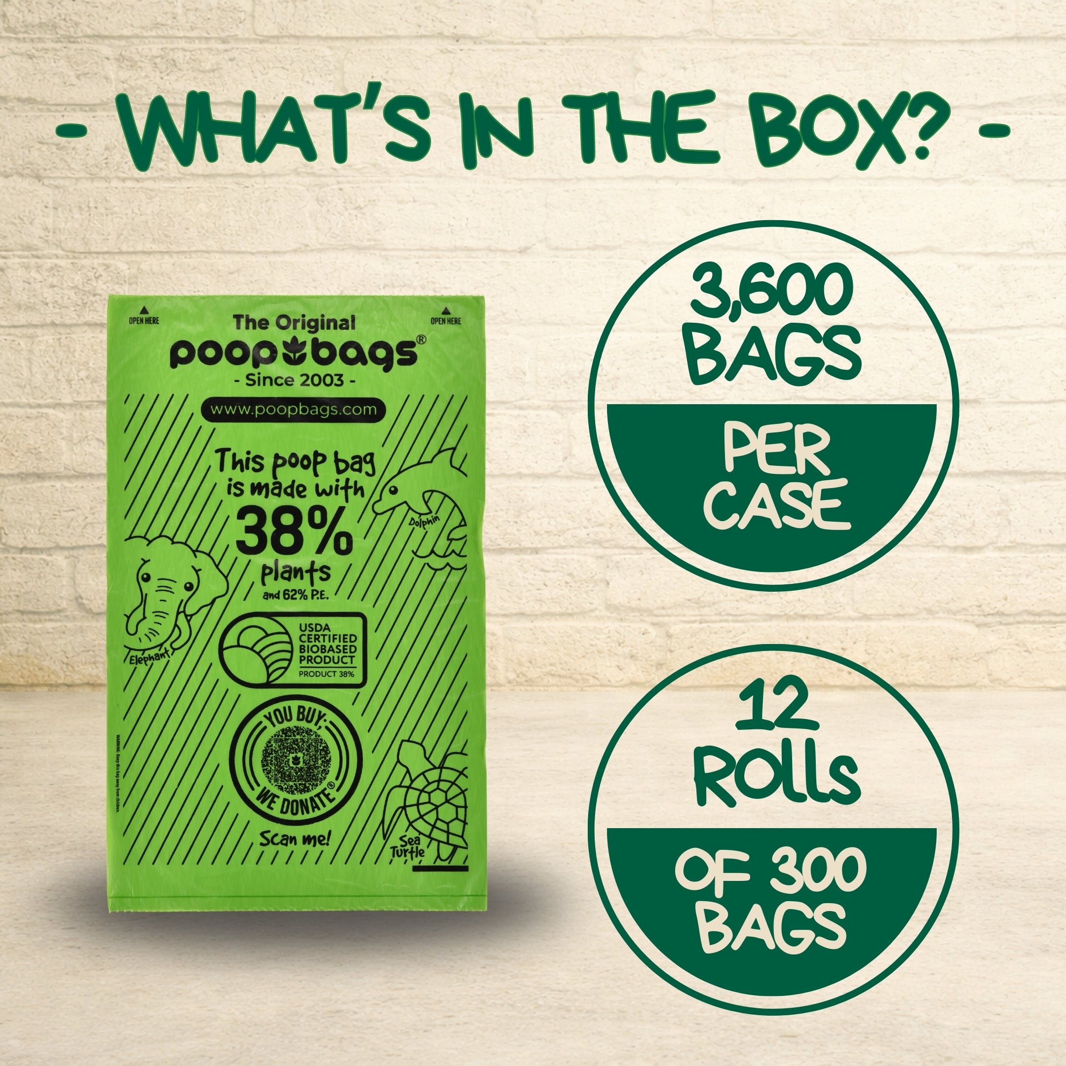 The Original Poop Bags commercial case contents showing a green 38 percent plant-based bag with 3,600 bags total in 12 rolls of 300.