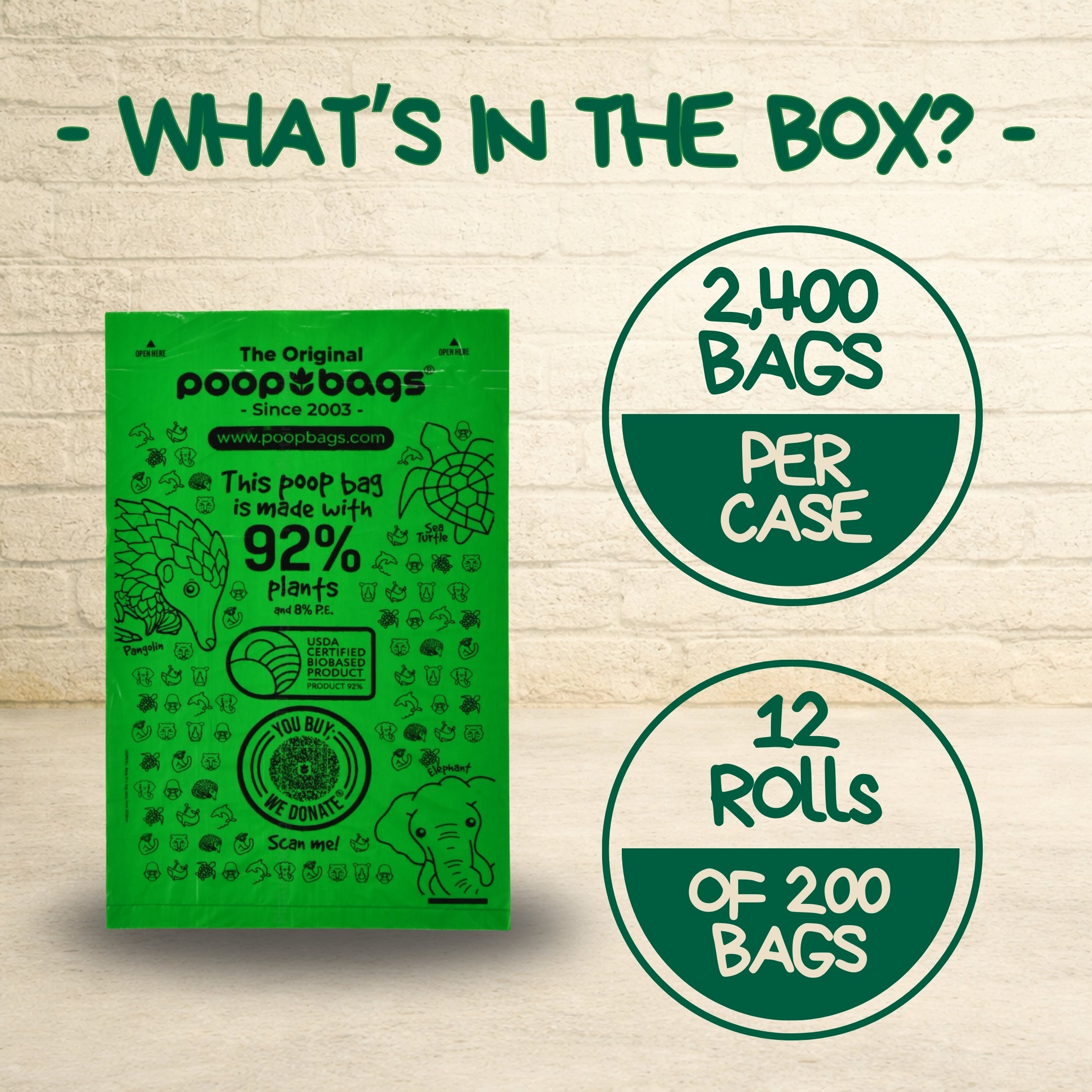 The Original Poop Bags commercial case with 92 percent plant-based green bags totaling 2,400 bags in 12 rolls of 200.