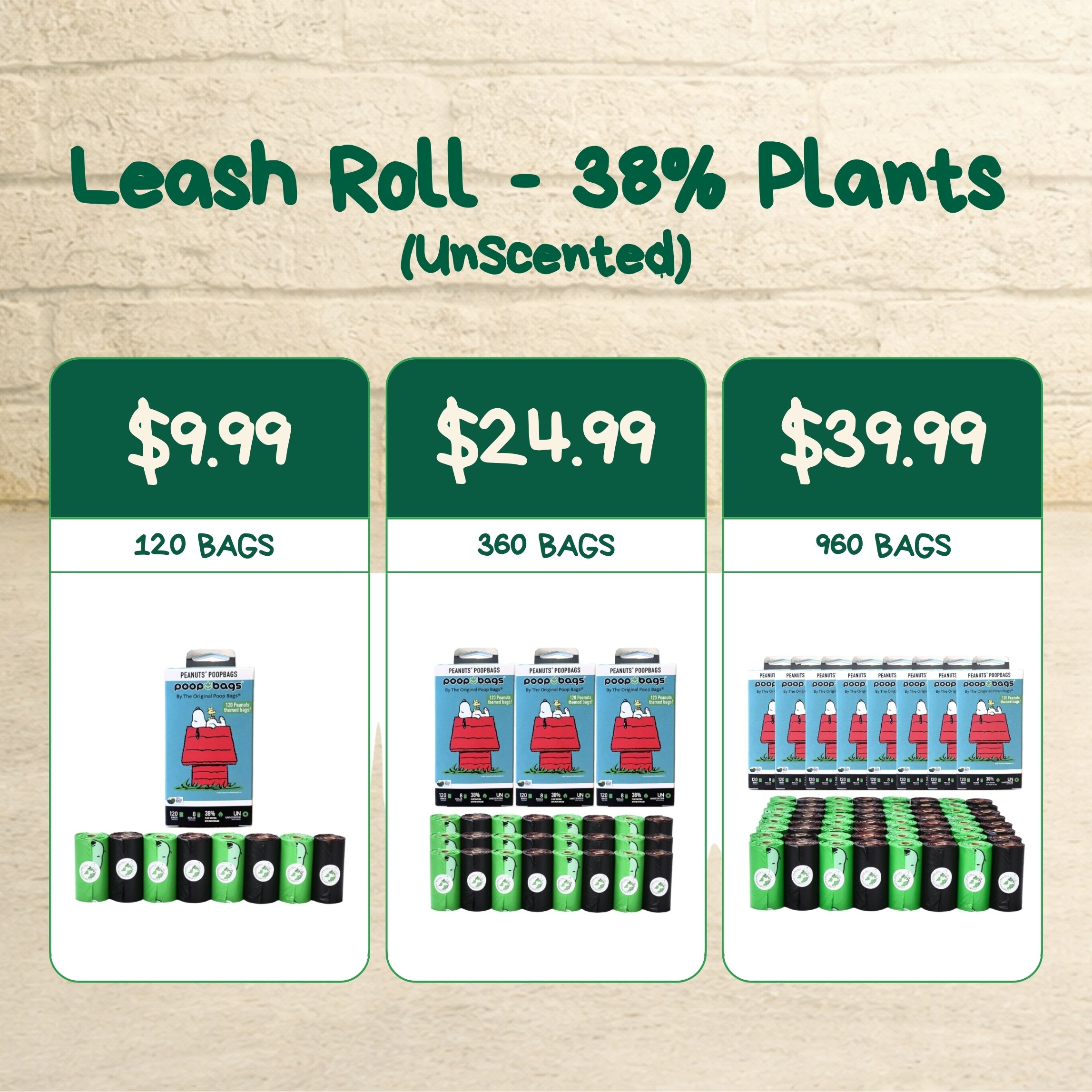 Unscented dog poop bags leash roll pricing chart showing three options: 120 bags for $9.99, 360 bags for $24.99, and 960 bags for $39.99.