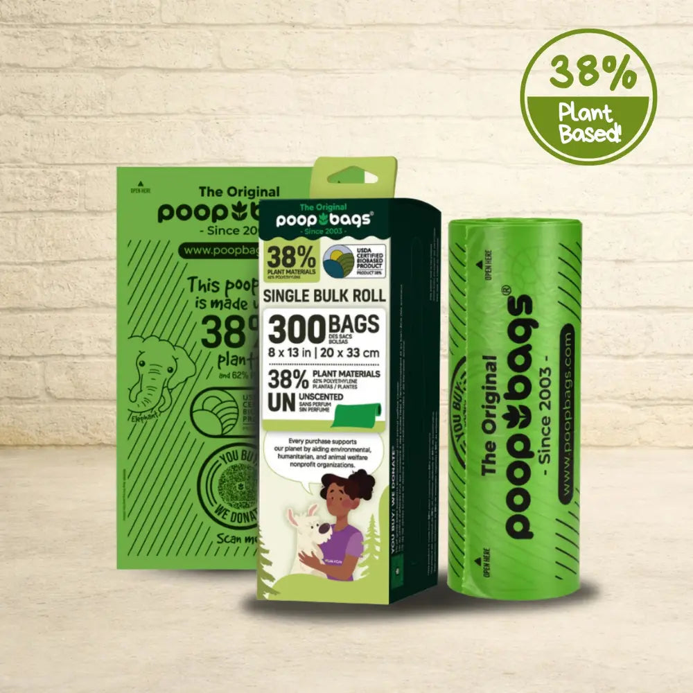 The Original Poop Bags single bulk roll of 300 unscented 38% plant-based dog poop bags shown beside its boxed packaging.