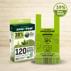 The Original Poop Bags 120-count box beside a stack of green 38% plant-based dog poop bags with handles, unscented.