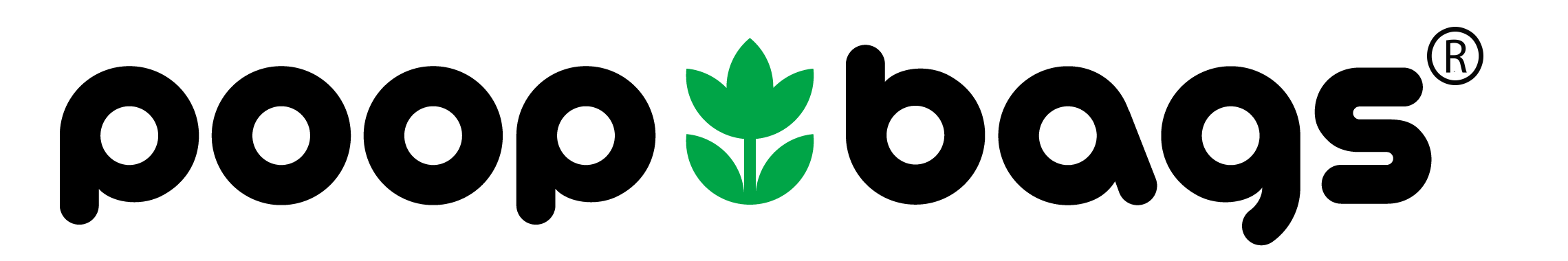 Poop bags brand logo with green leaf design and registered trademark symbol