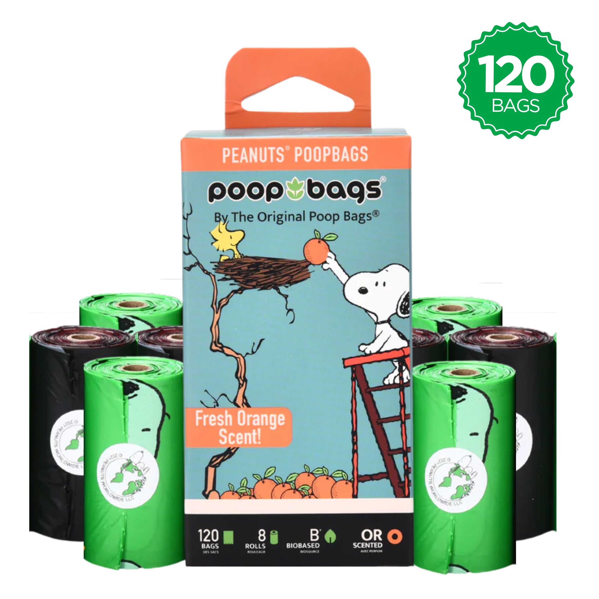 Snoopy orange-scented leash roll poop bags box with eight green refill rolls, 120 bags total.