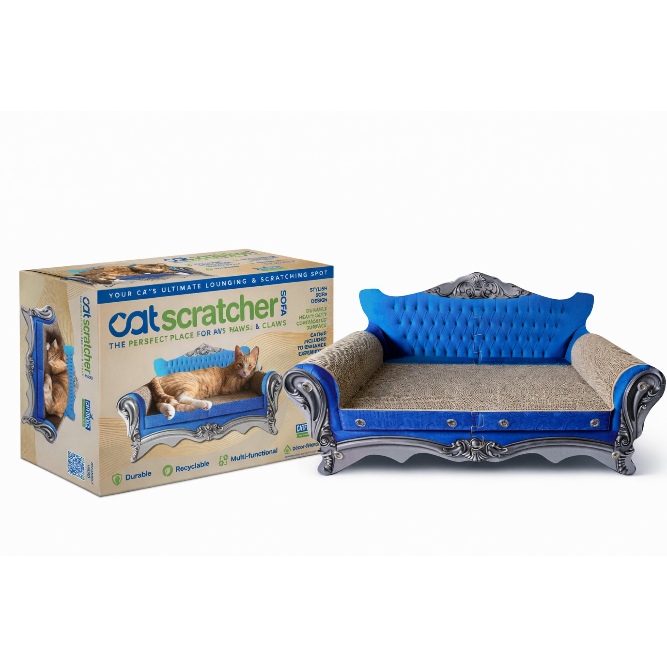 Cat scratcher sofa in blue with product packaging showing ornate design, woven sisal surface, and durable recyclable construction