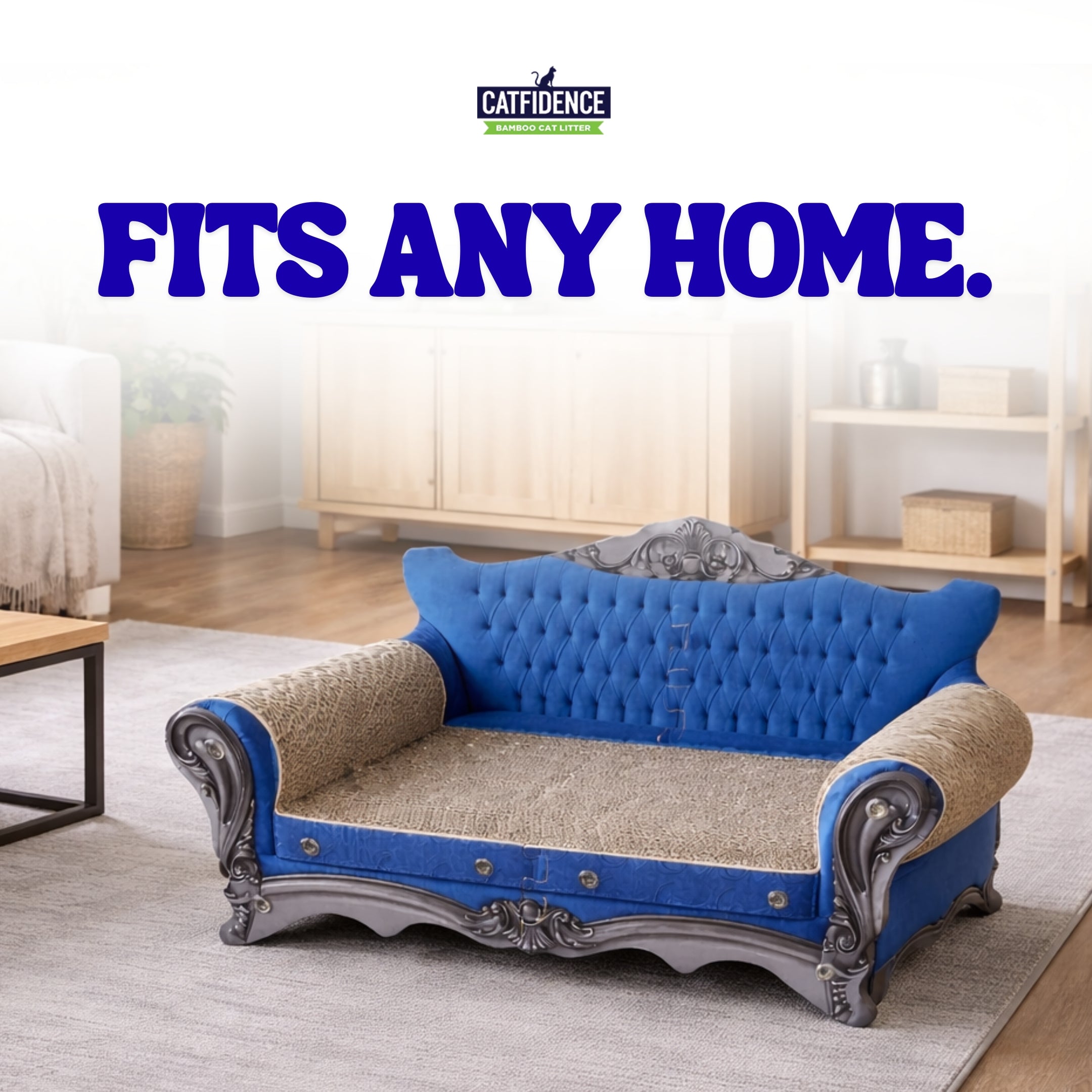 Cat scratcher sofa with blue upholstered frame, ornate wooden legs, and natural woven scratching surface fits any home