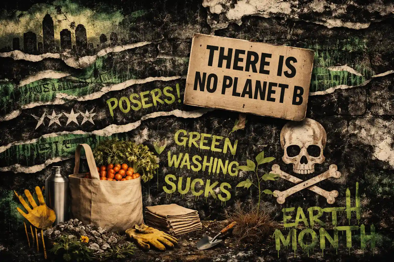Grunge Earth Month collage: graffiti reads Greenwashing Sucks, Posers, and There Is No Planet B sign.