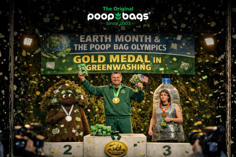 Satirical Poop Bag Olympics podium awarding a gold medal in greenwashing under an Earth Month banner.
