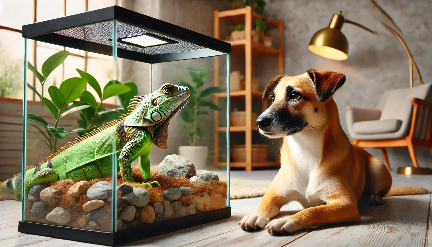Curious dog watching a green iguana inside a glass terrarium in a living room.