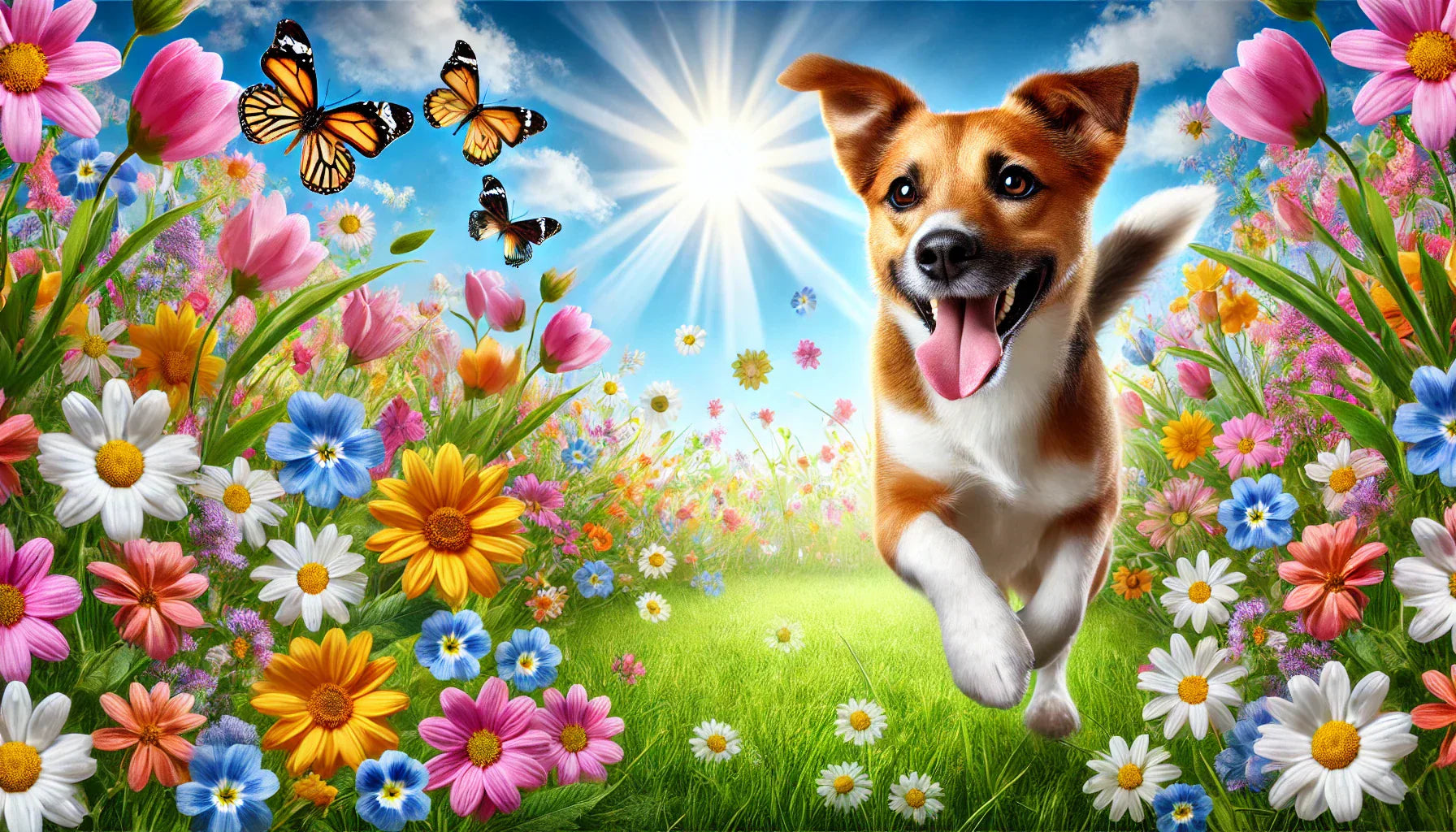 Happy brown and white dog running through a sunny spring meadow full of colorful flowers.