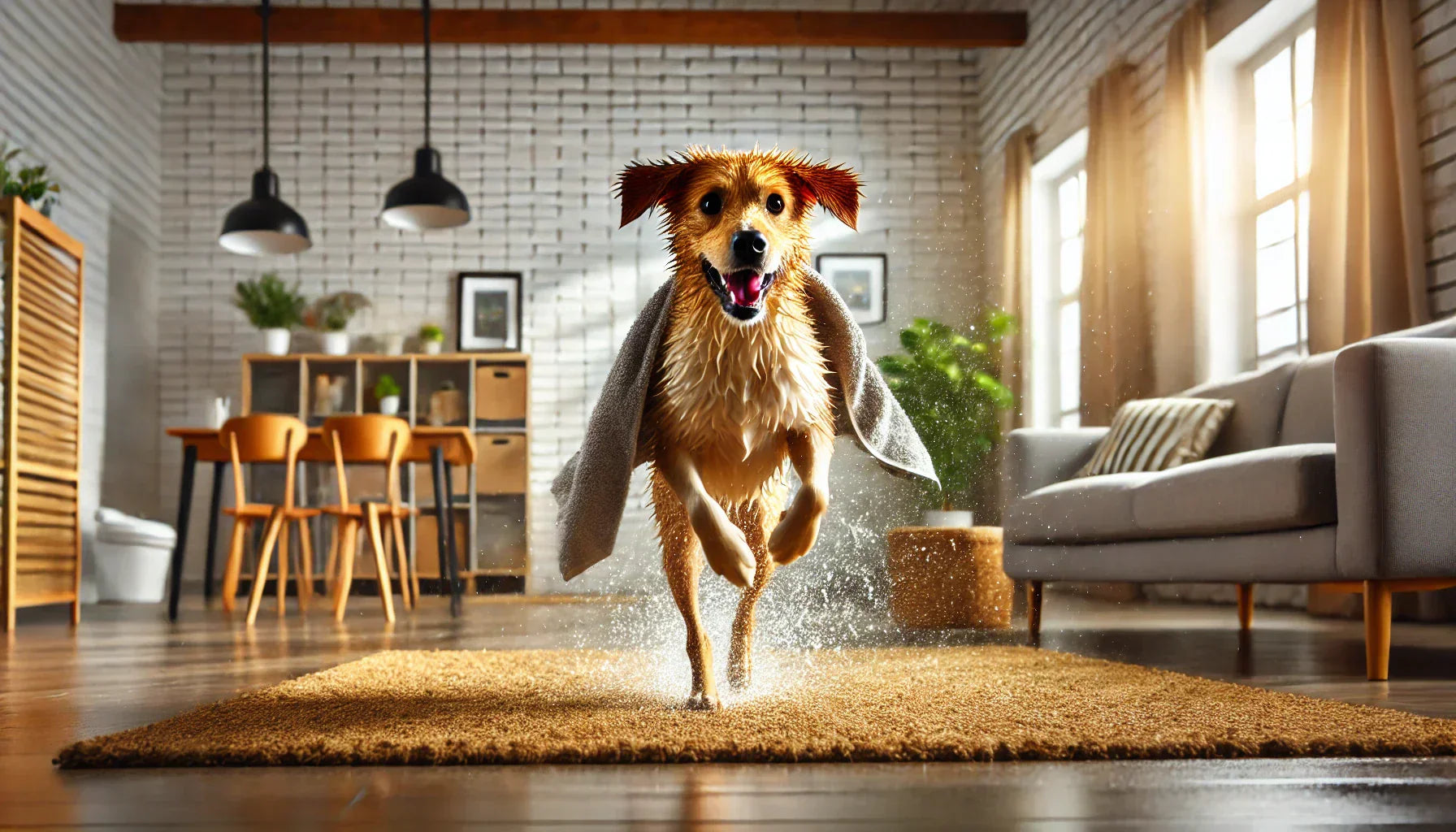 Wet dog with towel on its back doing zoomies across a cozy living room after a bath.