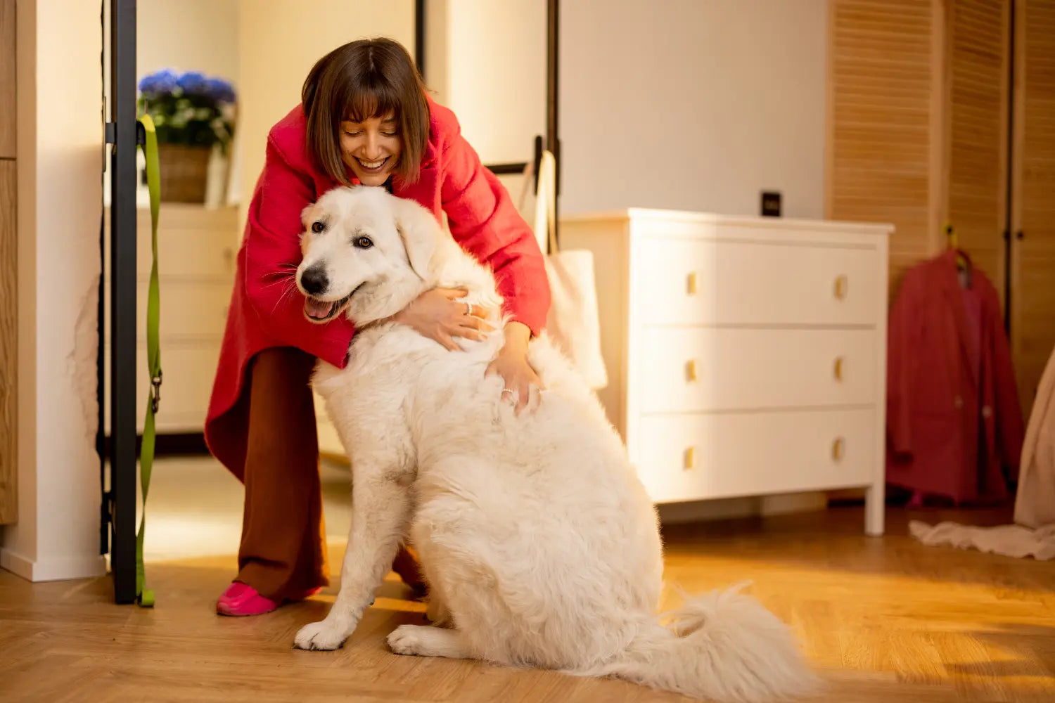 Woman with white Labrador holding plant-based dog waste bags with green leash