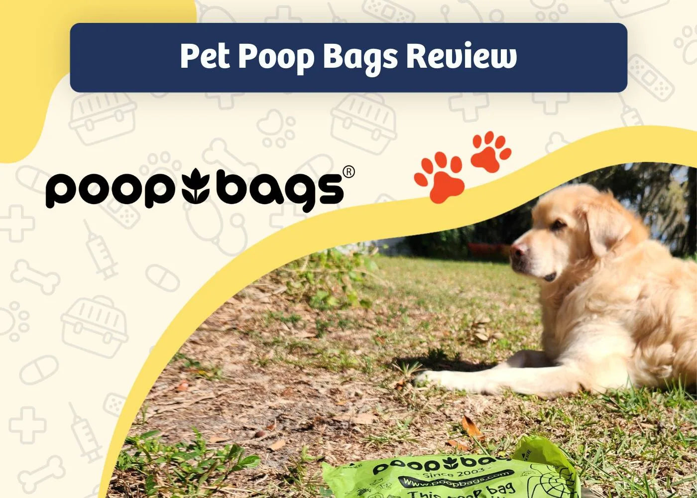 Golden retriever resting on grass beside a green Poop Bags dog waste bag.