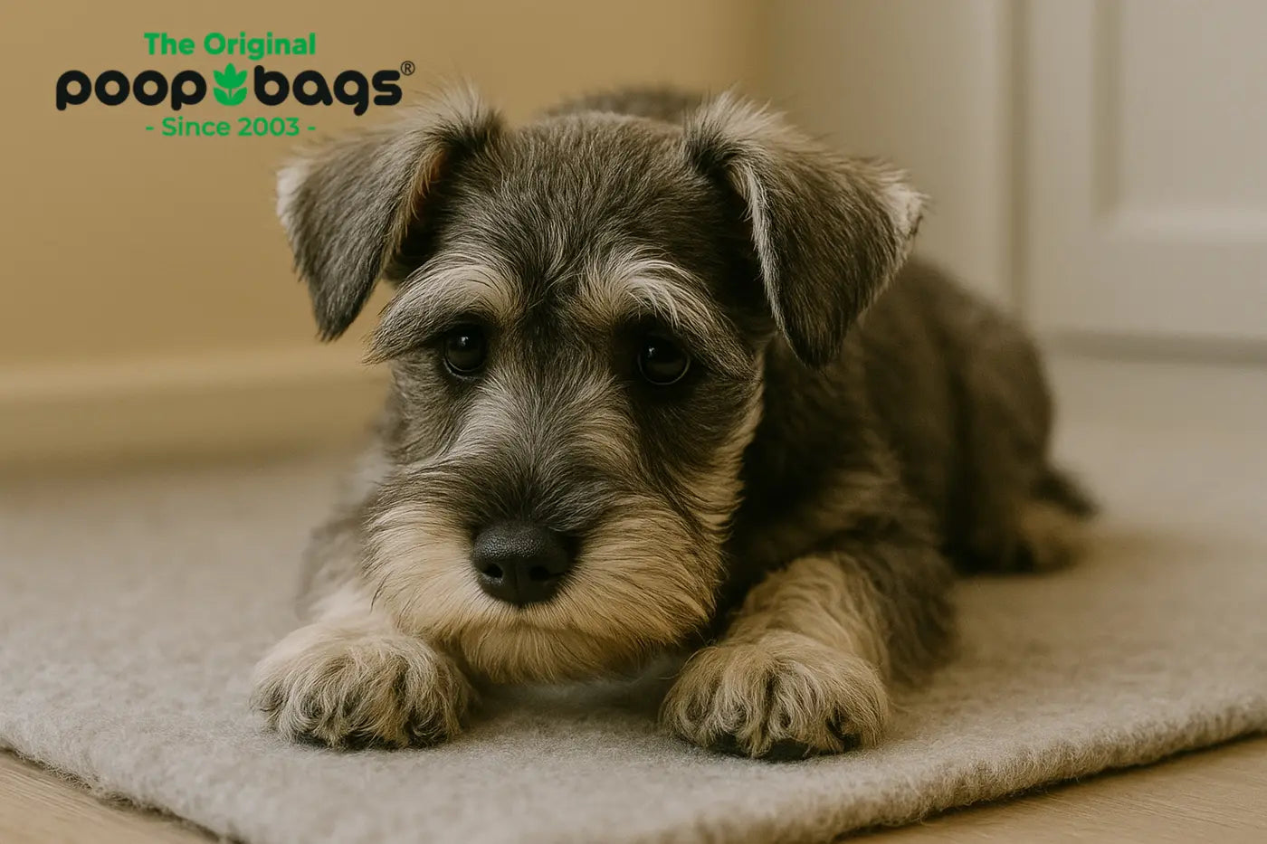Schnauzer puppy resting on a wool mat, illustrating canine curiosity and swallowing risks.